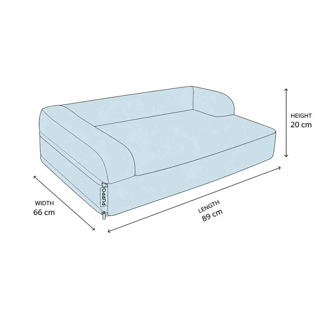 A light blue line drawing of a pet bed with dimension arrows and labels showing width 66 cm, length 89 cm, and height 20 cm on a white background.