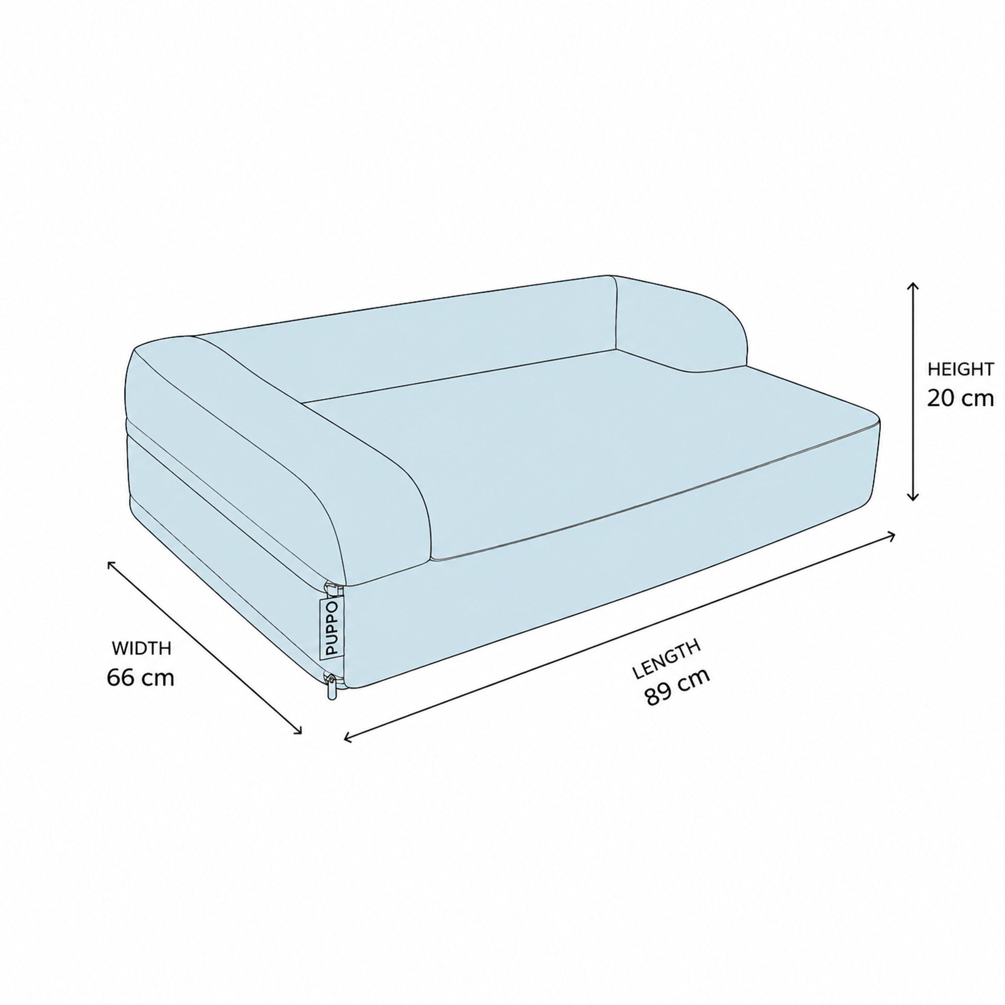 A light blue line drawing of a pet bed with dimension arrows and labels showing width 66 cm, length 89 cm, and height 20 cm on a white background.