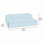 A simple line drawing of a small upholstered bench or pet bed with dimension arrows and labels showing width 58 cm, length 71 cm, and height 20 cm on a white background.