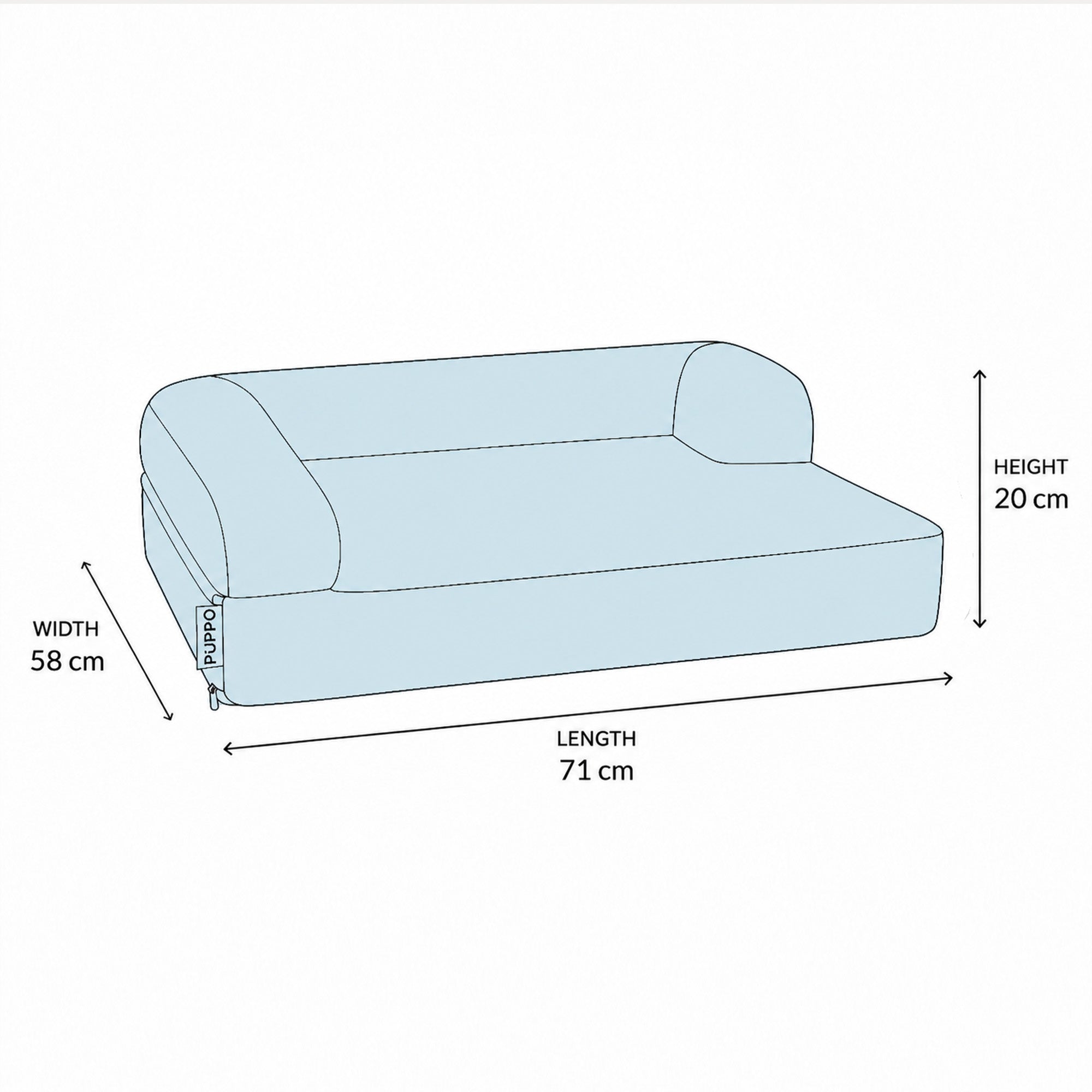 A simple line drawing of a small upholstered bench or pet bed with dimension arrows and labels showing width 58 cm, length 71 cm, and height 20 cm on a white background.